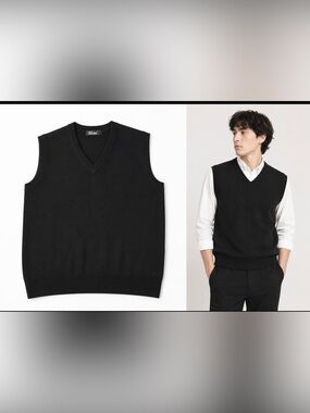 70% Cashmere Wool Blend V Neck Sweater Vest Black Preppy